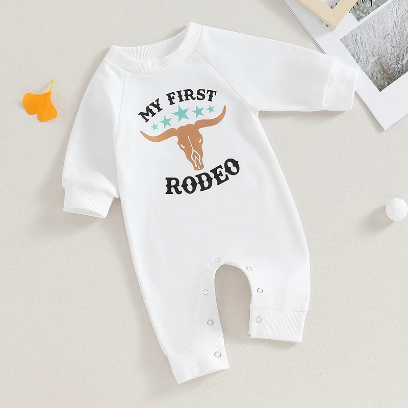 2023-08-01 Lioraitiin 0-12M Newborn Baby Boy Sweatshirt Rompers Western Bull Head Letter Print Long Sleeve Jumpsuit Fall Clothes