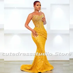 Modest Sequin Evening Dresses Strapless Beading African Women Wedding Party Gown Mermaid Aso Ebi Robe Soiree Mariage