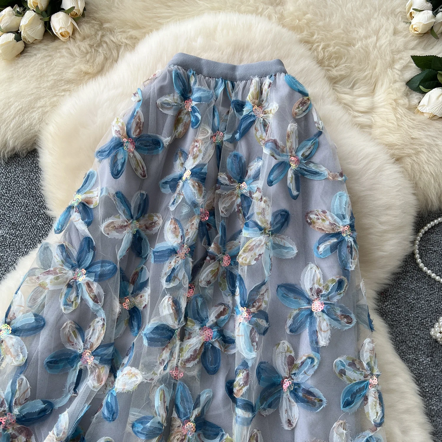 Autumn Winter Flower Embroidery Sequin Mesh Midi Skirts Women 2026 Korean Style Fashion Elegant High Waist Faldas