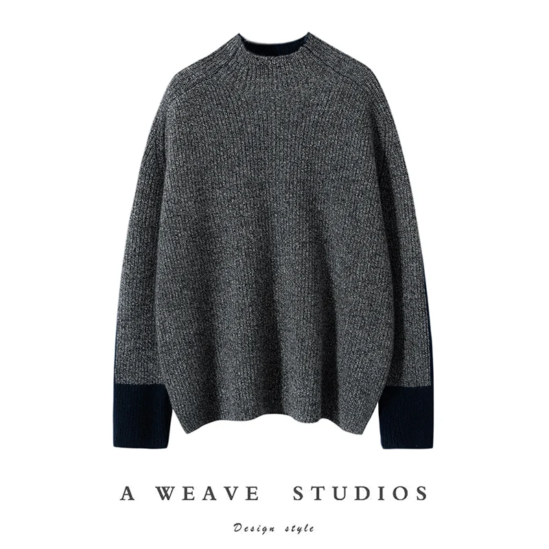 Winter Women's 100% Cashmere Sweater Casual Color blocked Knitted Hoodie Bottom Sweater Loose Half High Neck Tops Thick Jumper