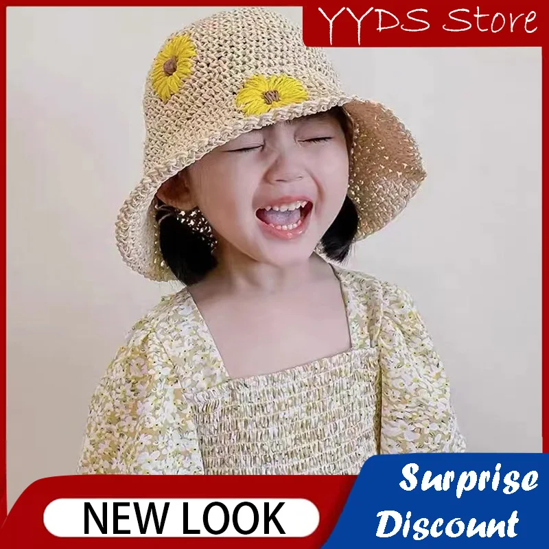 Children's Fisherman Straw Hat Flower Embroidery Straw Girls Sun Hat Sun Hat Wide Brim Beach Panama Sun Protection Sun Hat