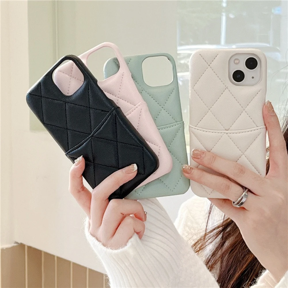

For iPhone 17 Pro 16 Plus 15 14 13 Pro Max Luxury Card Holder Gird Pattern Phone Case, Shockproof Anti-drop Protective Cover