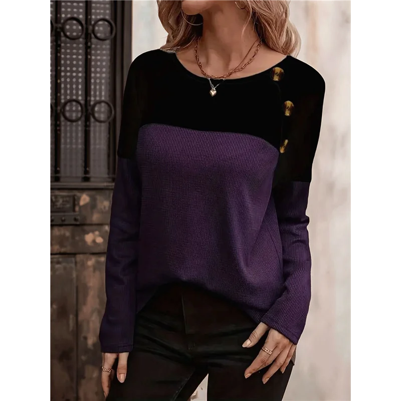 AOAO-Camisas de punto tipo gofre para mujer, camiseta de manga larga con bloques de colores, túnicas con detalle de botones