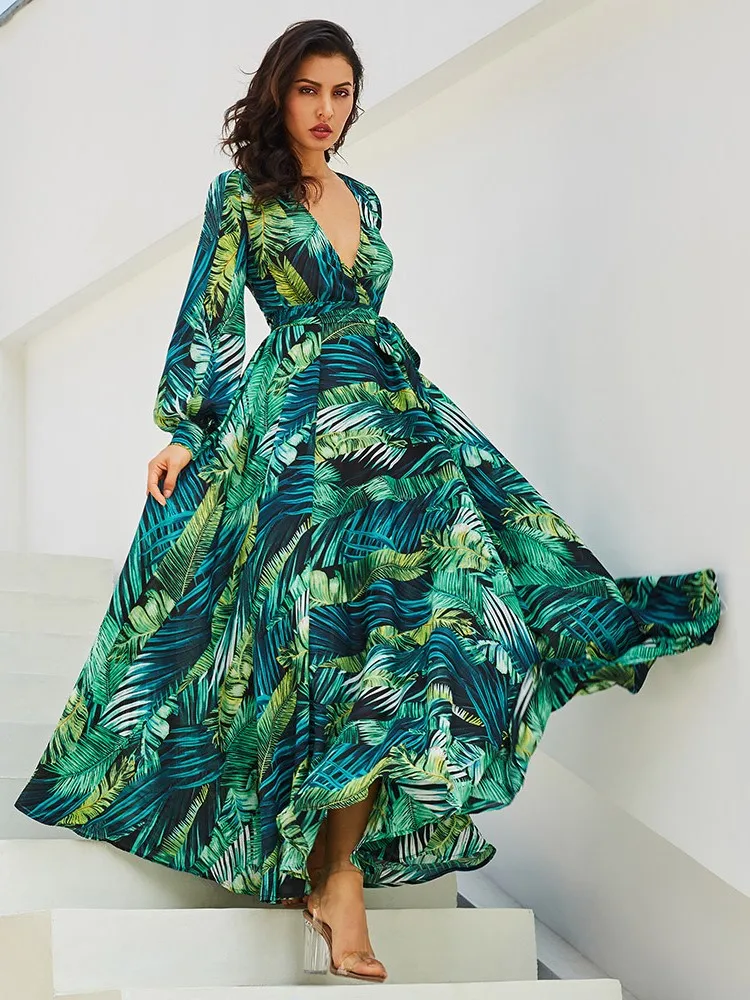 

Spring Autumn New Print Long Dresses Women Sexy V-neck Lantern Sleeve Leace-up A-line Maxi Dress Fashion Lady Commuting Vestidos