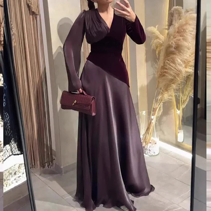

Элегантное вечернее платье 2026 года: женское, с V-образным вырезом, длинными рукавами, завышенной талией, для вечеринок, модное, с пэчворком, плиссированное, весеннее, макси-платье
