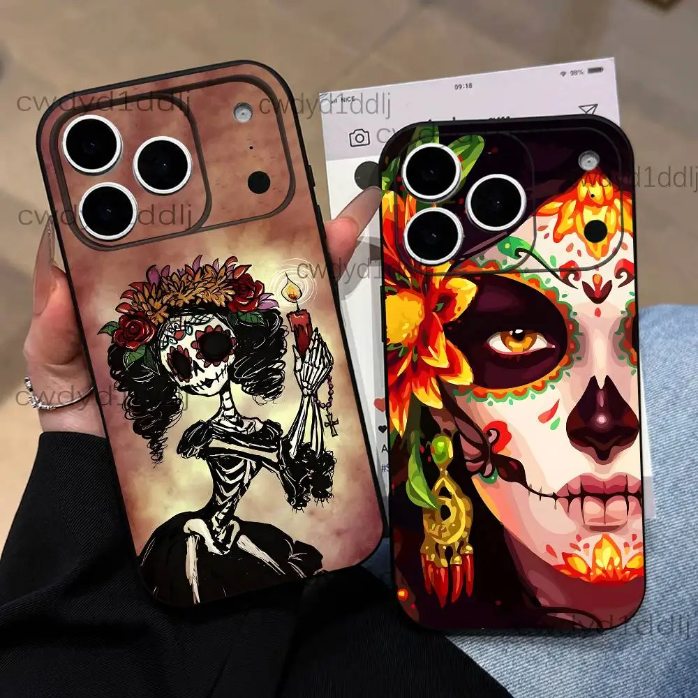 

Mexican Catrina Skull Girls Phone Case For iPhone 17,16,15,11,12,14,13 Pro Max Mini XS,XR,7 Plus 16E Air Soft Covers Fundas