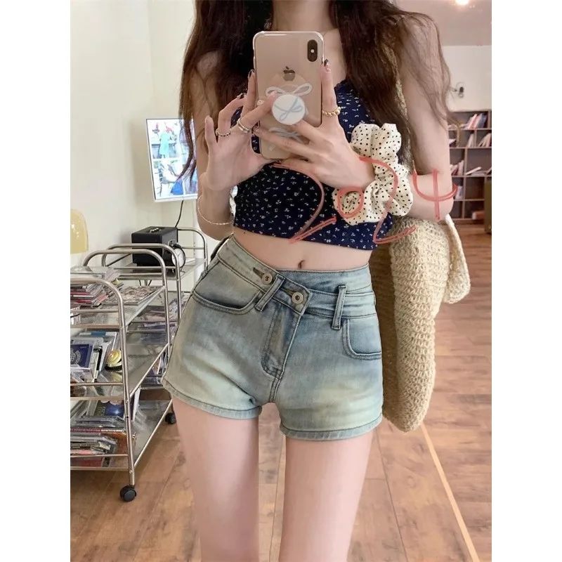 

Американские джинсовые шорты в стиле ретро, женские повседневные шорты с высокой талией и тонкими пуговицами на молнии