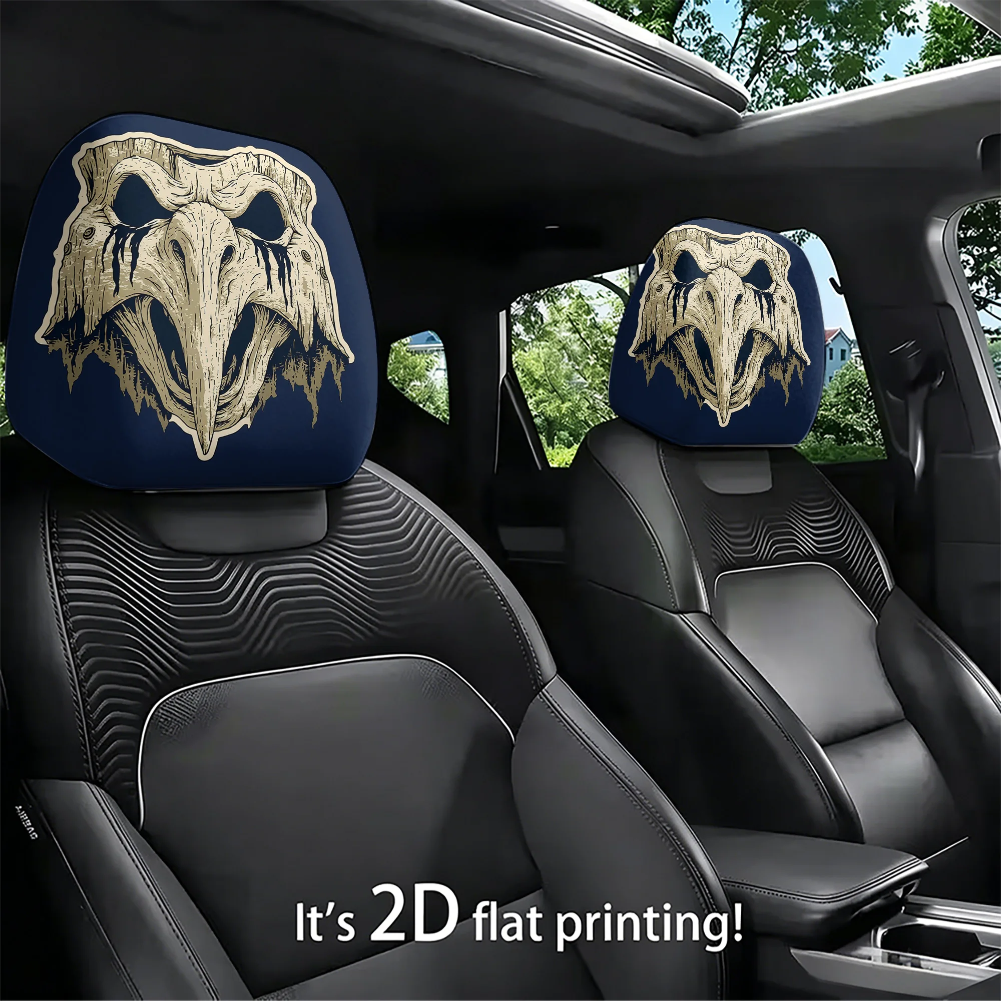 2pcs car headrest covers featuring plague doctor mask designs, adding a gothic vibe to your car’s interior. Does not include fil