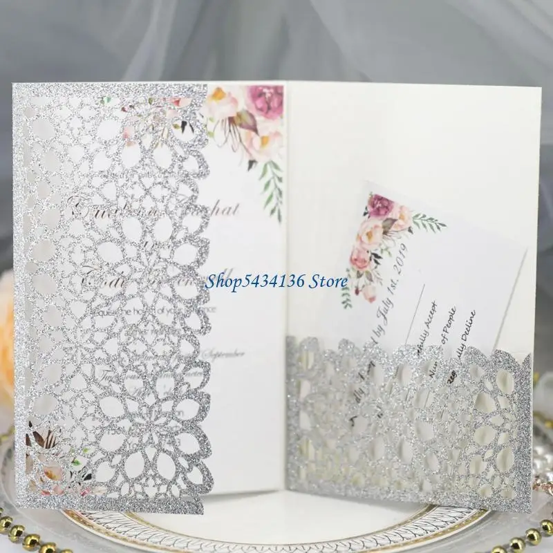 

H7ED 20pcs Glitter Hollow Lace Invitations Cards Envelopes for Wedding Invite Bridal Shower Party Supplies