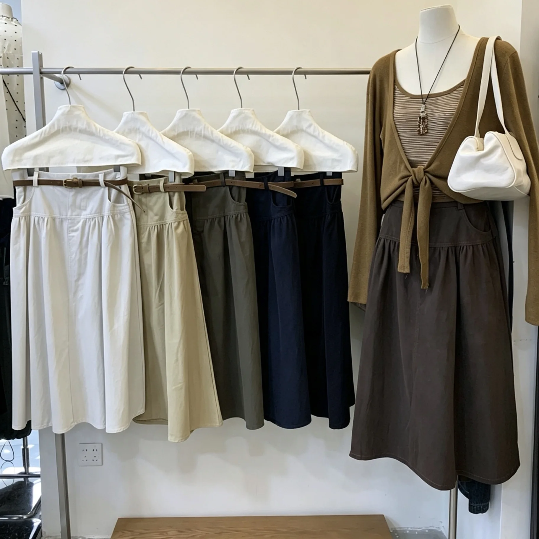 Simple Daily Long A-Line Skirt with Belt Autumn New Style High Waist Cotton Satin Fabric Women's Skirt Standard Version