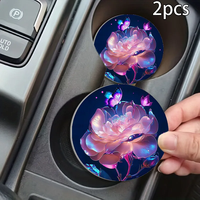 2Pcs Skull Flower Car Coasters Leather Anti Slip Cup Holder Pad 2.75 Inch Waterproof Auto Drink Coaster Mat Washable Car Interio