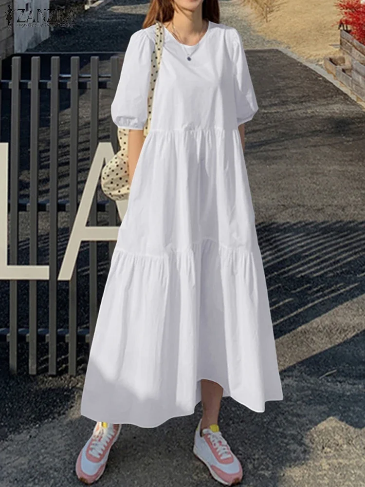 ZANZEA ฤดูร้อนชุด 2025 ผู้หญิงพัฟแขน Holiday Sundress Maxi ยาวชุดสไตล์ A Line Party ทํางาน Vestidos