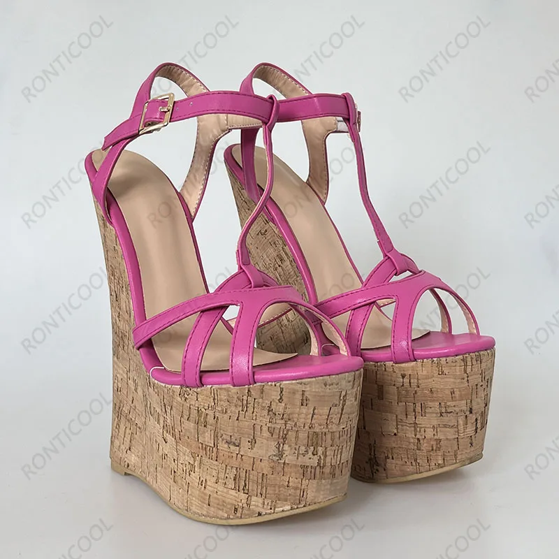Ronticool Handmade Women T-strap Sandals Ultra High Wedges Heels Round Toe Classics Black Dress Shoes Ladies US Plus Size 5-15