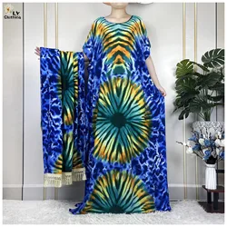 New Fashion Dress Short Sleeve With Big Scarf African Dashiki Printing Tie-dyed Cotton Boubou Maxi Islam Summer Women Loose Robe