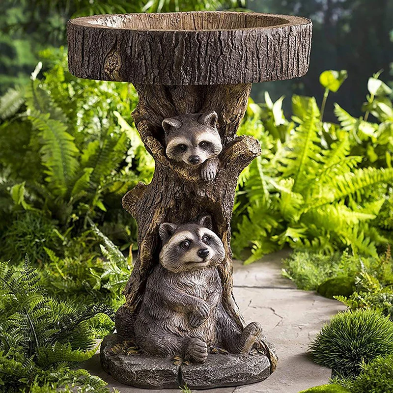 Bird Water Feeder Cute Sunflower Raccoon Resin Simulation Stump Bird Feeder Crafts Ornaments Gardening Jardin Decorations Maison