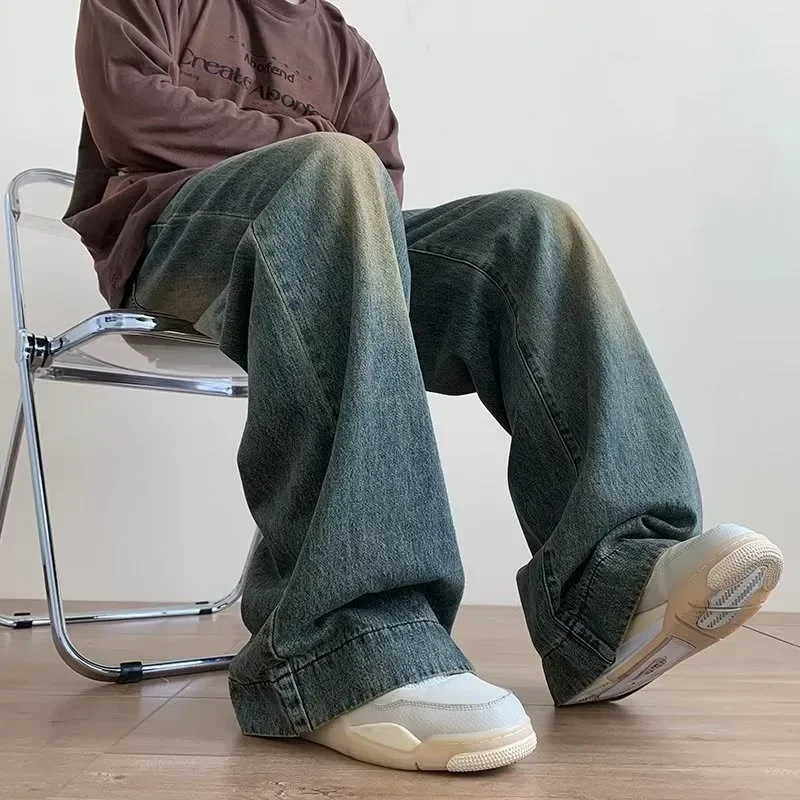 Men Denim Pants Blue Wide-legged Pants Vintage Baggy Trouser Streetwear Design Jeans Casual Solid Spring Autumn