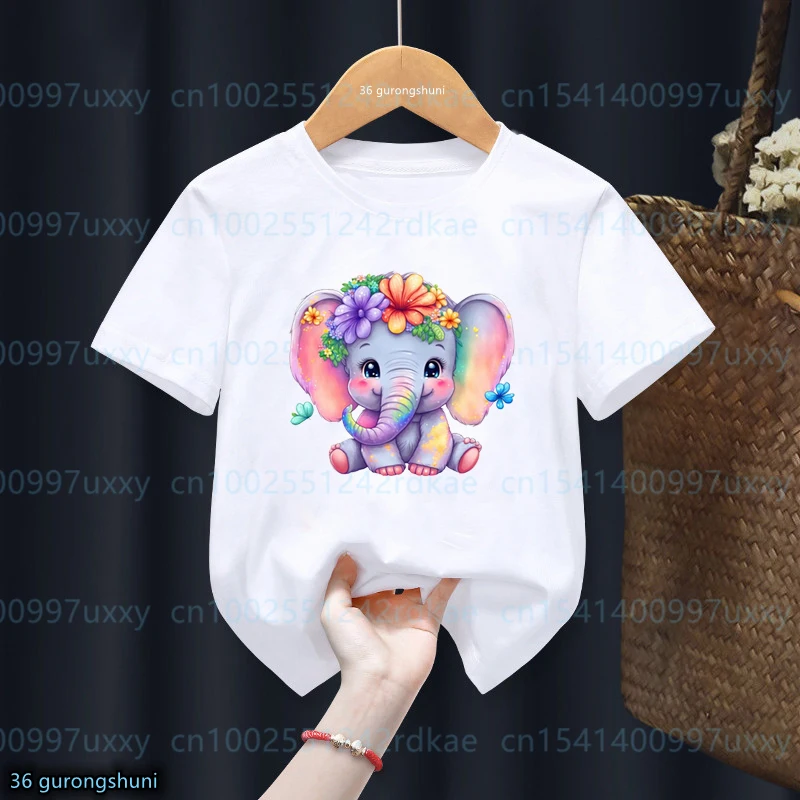 

T-Shirt For Boys/Girls Cute Butterflies And Elephants, Cow Animal Print Kdis Tshirt Summer Girls' Clothing White O-Neck Tshirts