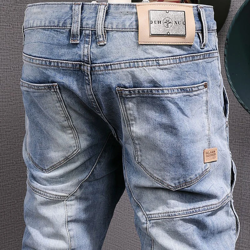 Street Fashion Men Jeans Retro Light Blue Stretch Slim Fit Biker Jeans High Quality Spliced Designer Hip Hop Denim Pants Men