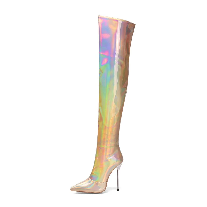 Sexy Metallic High Heel Shiny Laser Gold Pink Rose Over The Knee Boots Woman Patent Leather Thigh Boots Stage Club Boots
