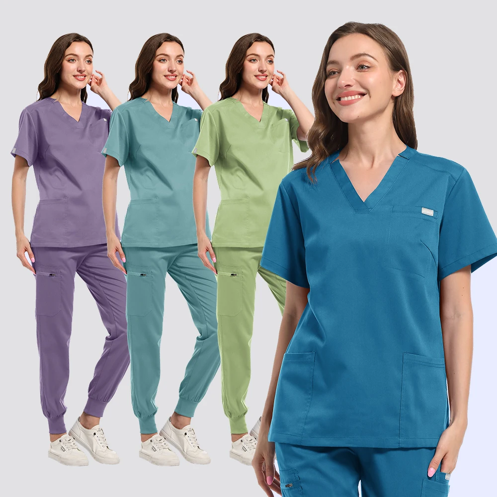 مجموعة دعك مرنة تناسب الجسم للنساء ، الزي الطبي لغرفة العمليات ، زي موحد للممرضات ، بدلة جراحية ، أحادية اللون ، جديدة