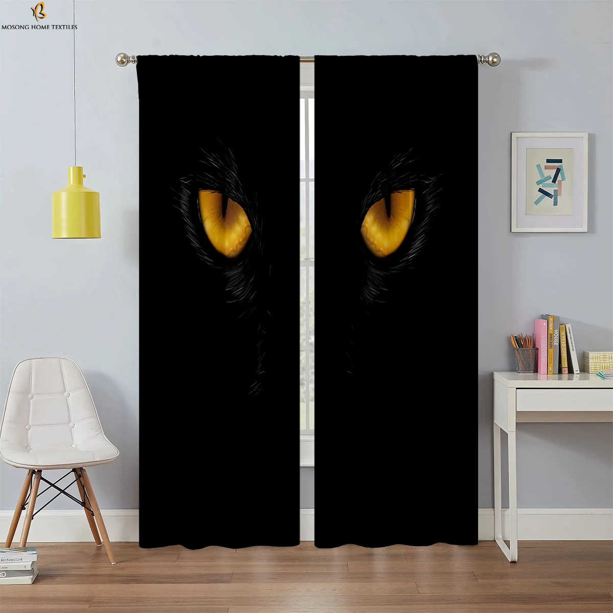 Black Cool Cat 3D Printed Curtain Rod Pocket Bedroom Kitchen Living Room Kids Room Decorative Curtain 2 Pieces