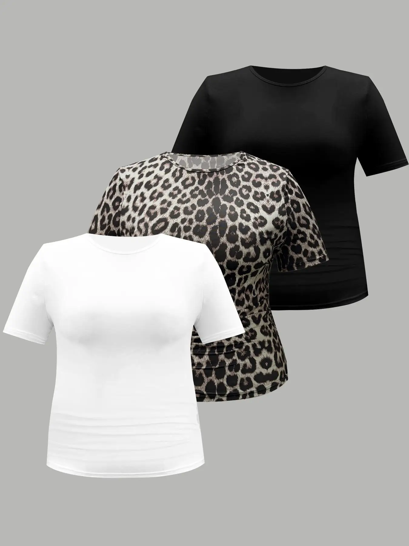 

【Plus Size】Leopard Print Round Neck Tee, Casual Short Sleeve T-shirt for Daily Wear, Women Plus Clothing for All Seasons