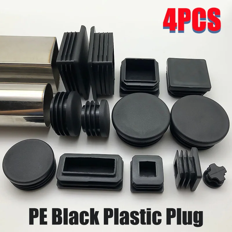 4Pcs PE Plastic Blanking End Caps Rectangular Pipe Tube Cap Insert Plugs Bung Furniture Tables Chairs Foot Pads Protectors Black
