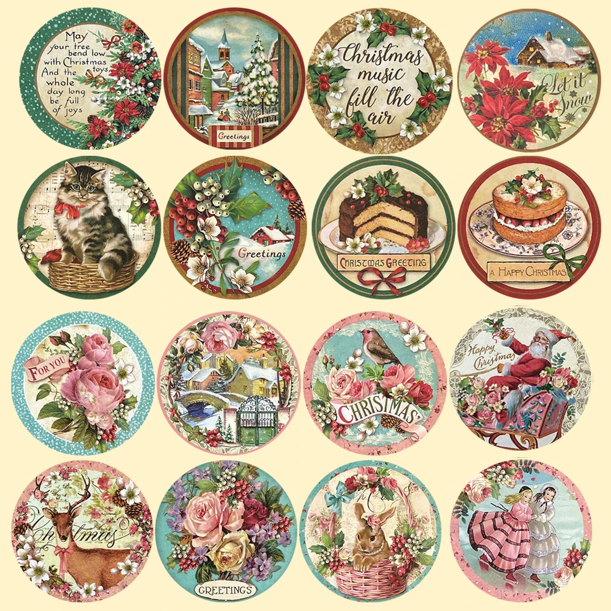 90Pcs Christmas Vintage Stickers Santa Snowan Round Paper Sticker For Merry Xmas Party Decoration Kids DIY Gifts Wrapping Supply