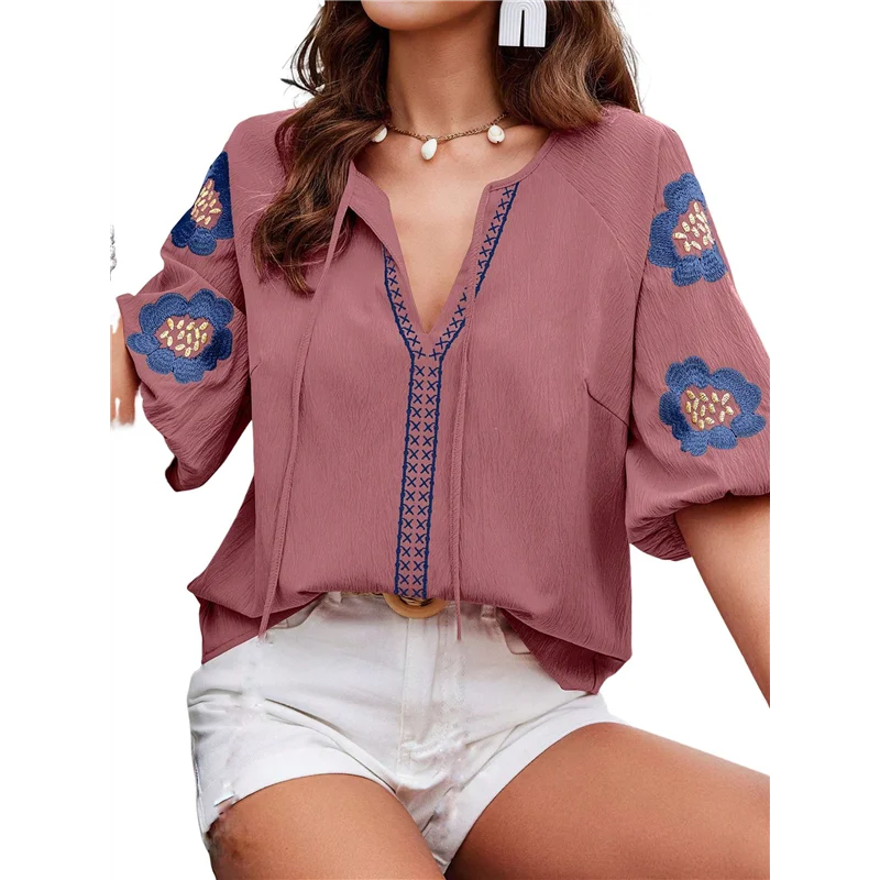 

NEW-Women's Summer Tops Floral Embroidered Puff Short Sleeve Shirts V Neck Boho Tunic Casual Blouse