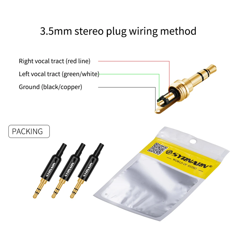 SYRNARN Replacement Jack 3.5 Plug 3.5mm 3 Pole Stereo Male Solder Type DIY Audio Gold Plated Connector for Earphone Cable Repair