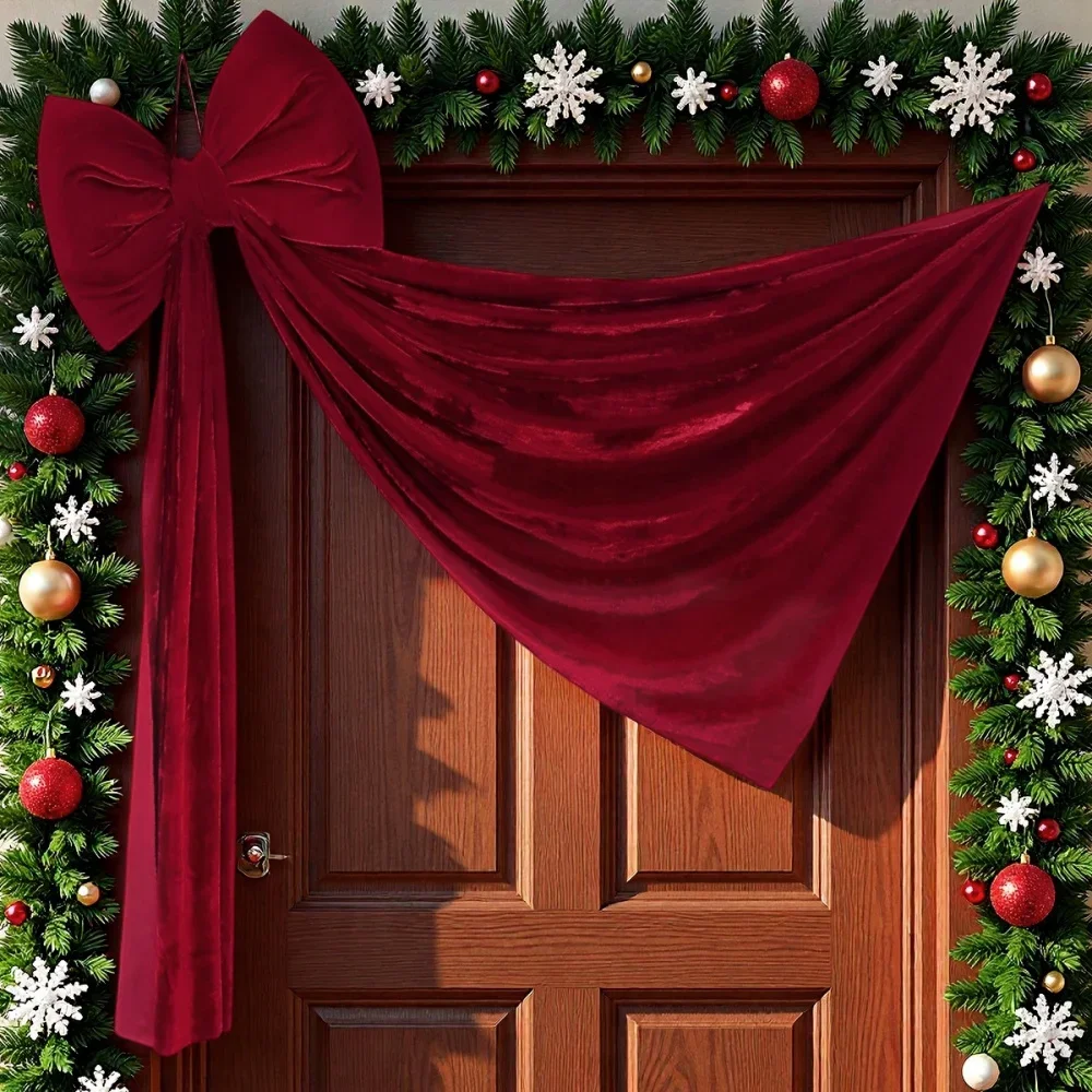 1 pc Large Christmas Bow Pendant Wine Red Flocked Tree Ornament Extra Large Holiday Doorway Home Party Decor Gift