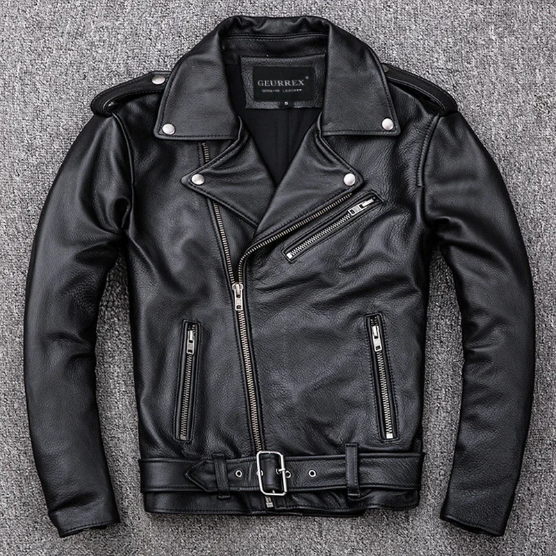 

Spring Classical Motorcycle oblique zipper Jackets Men Leather Natural Calf Skin Thick Slim Cowhide Moto man