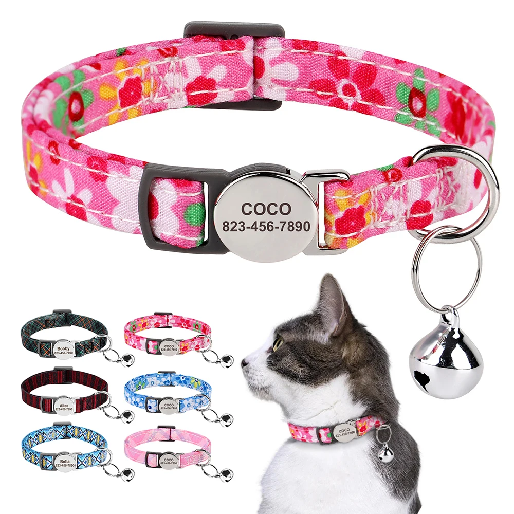 Personalized Cat Collar Anti-lost Puppy Cat Safety Collars Spring Collars With Safety Buckle For Small Dogs Cats Free Bell Gift