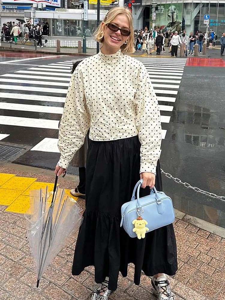 

Autumn Fashion Modern Polka Dot Women's Short Jacket O-neck High Collar Lantern Long Sleeved Zipper Loose Suit High StreetCoat