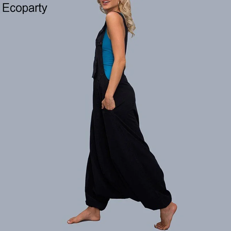 Womens summer Loose Jumpsuits Harem Pants Wide Leg Pants Sleeveless Pockets Bib Jumpsuit Siamese Trousers For Lady Large Size 35