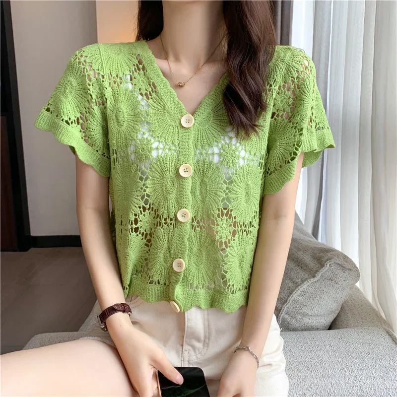 Shawl Knitted Cardigan Women\'s Summer Short Sleeved Thin Top with Skirt Blouse Vintage Clothes for Women Tops Shirts Blouses