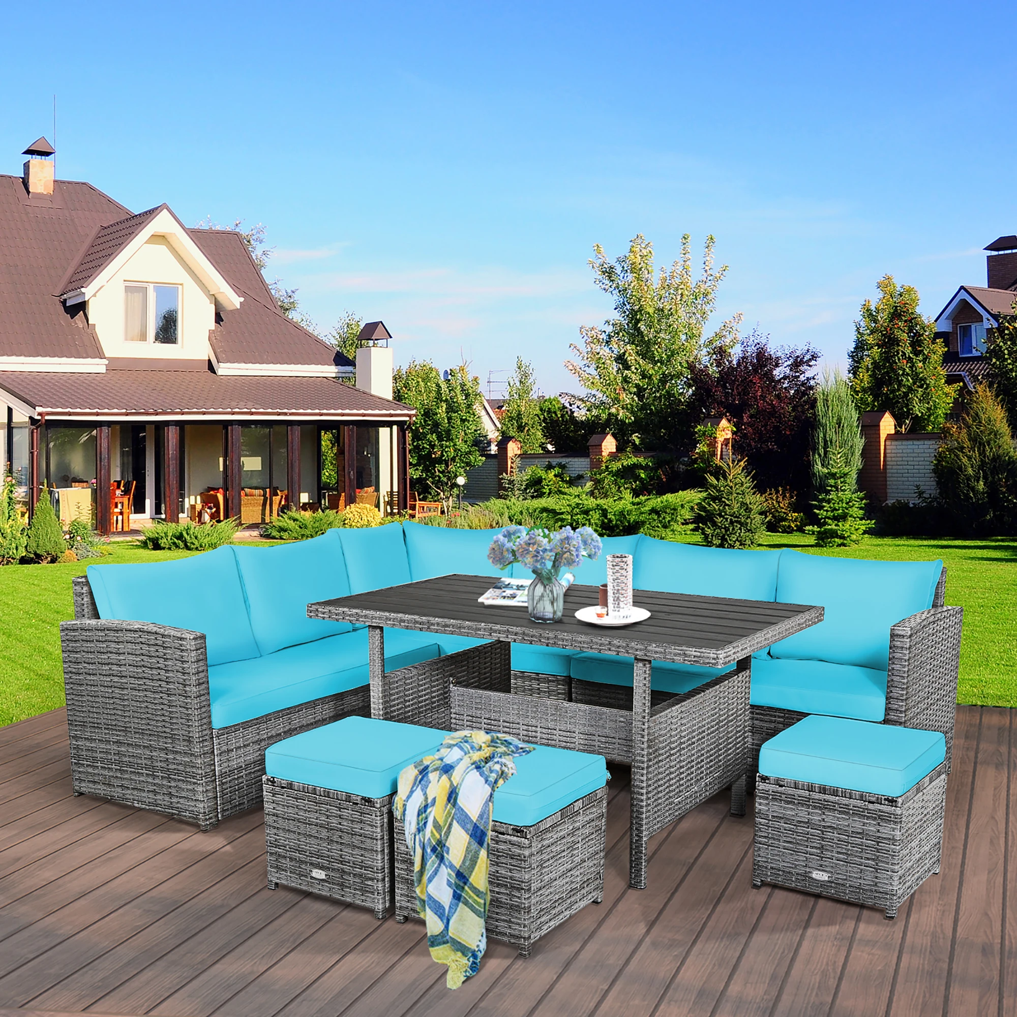 7 PCS Patio Rattan Dining Set Sectional Sofa Couch Ottoman Garden Turquoise