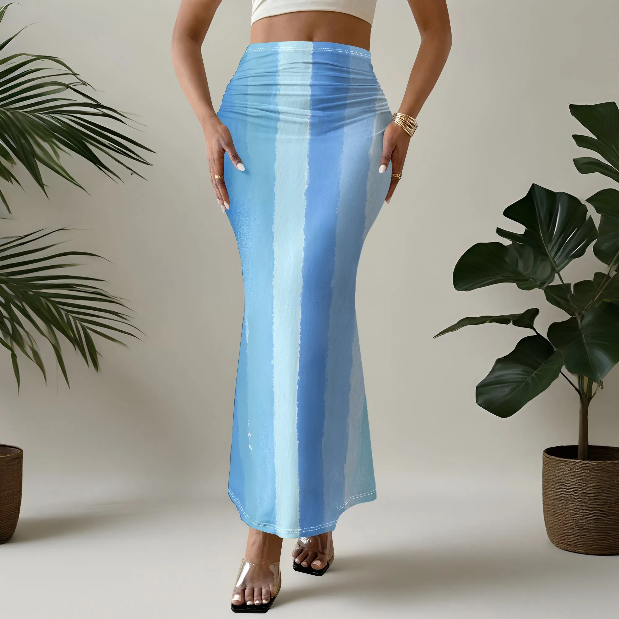Blue Striped Mermaid Skirt, Printed Bodycon Skirt, Long Fishtail Skirt, Summer Beach Party Wear, Women's S-2XL