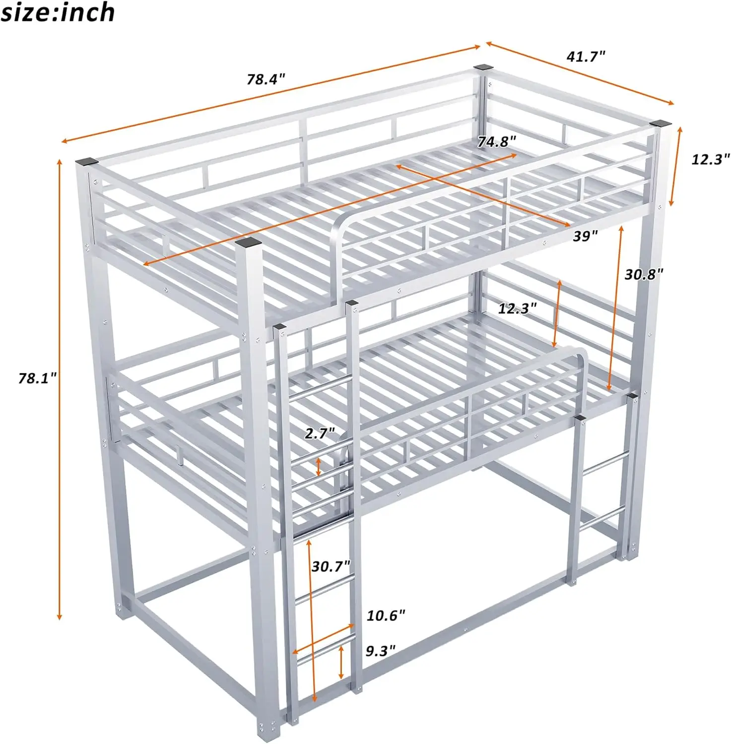 Heavy Duty Triple Bunk Bed Twin Over Twin Over Twin, Metal 3 Bunk Bed With 2 Ladder And Guardrail, Twin Size Triple Bunk Bed