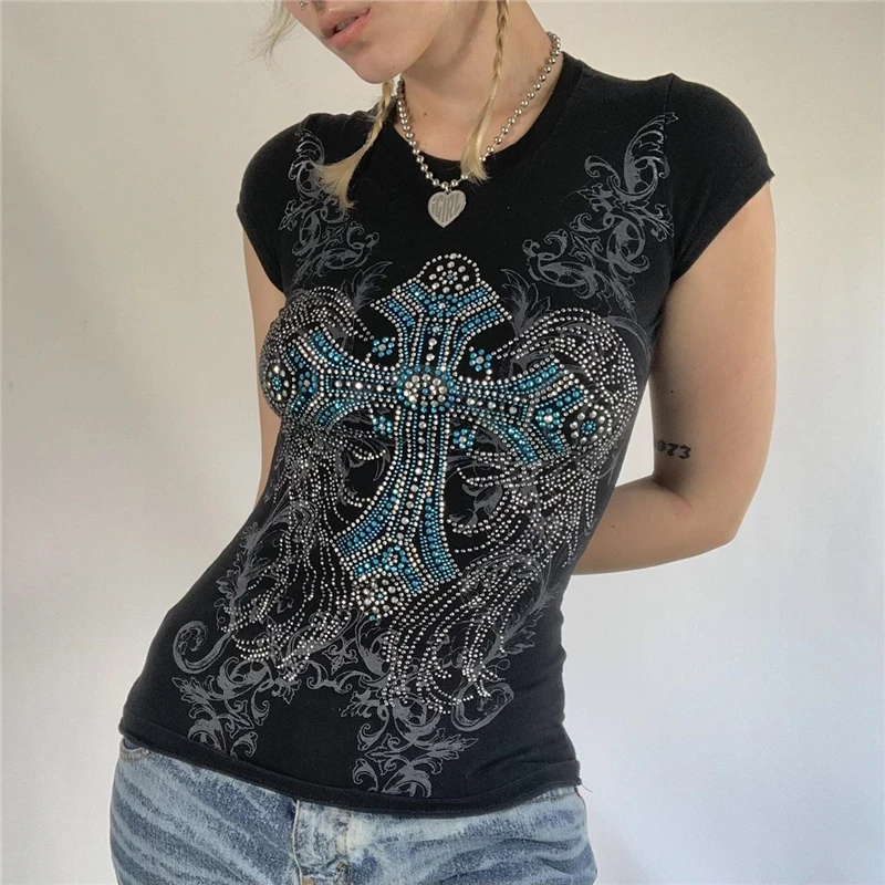 Lamuusaa Goth T Shirts y2k Aesthetic Fairy Grunge Clothes Rhinestone Cross Wings Pattern Short Sleeve Tops Women Streetwear