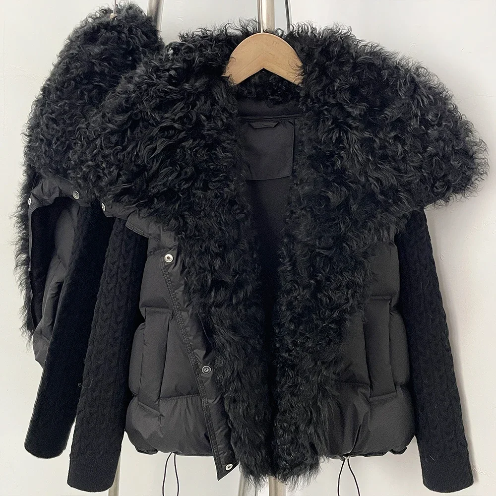 OFTBUY Damen Neue Winter Echt-Lammfellkragen Daunenjacke Natürlicher Pelz Enten-Daunenjacke Damen Mode Kurze Warme Oberbekleidung – Detail 4