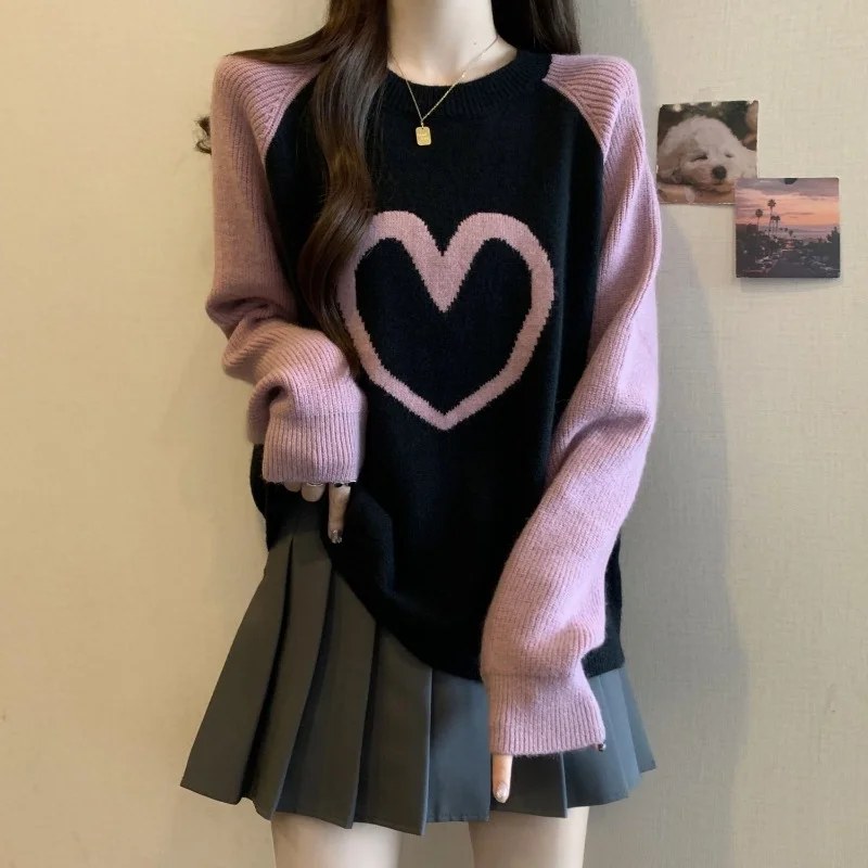 

Popular Love Jacquard Knitted Top for Women in Autumn and Winter Round Neck Age-reducing Sweater