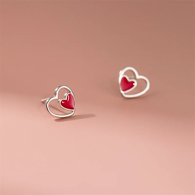 Pendientes de tuerca de corazón de amor de esmalte Chapado en plata 925 para mujeres y niñas, regalo de joyería de cumpleaños, e316