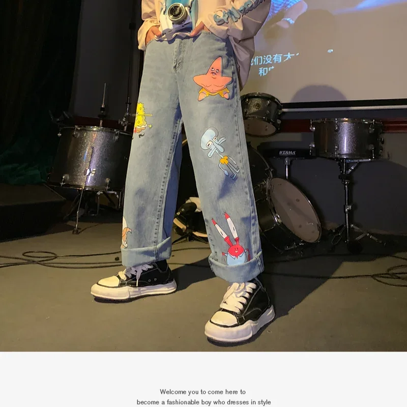 Pantalones vaqueros con estampado de dibujos animados para hombres y mujeres, Pantalones rectos sueltos, estilo coreano, Hip-hop callejero, pantalones guapos de nueve puntos, moda de otoño