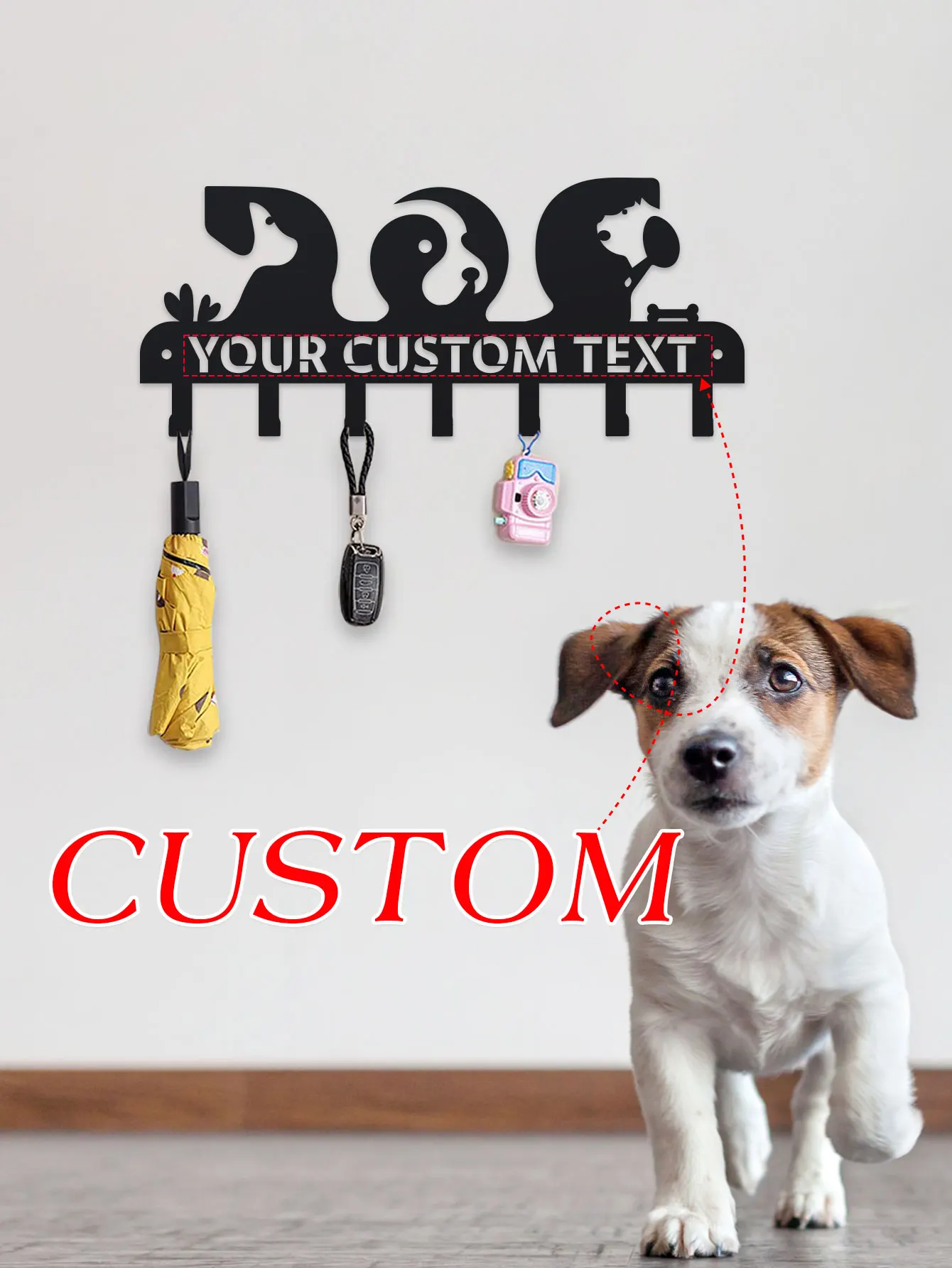 Personalisierter Wandschlüsselhalter und Garderobenständer mit drei Hunden-Design – individuelle Namens gravierte, haustierfreundliche Wanddekoration aus Metall für Hundeliebhaber,