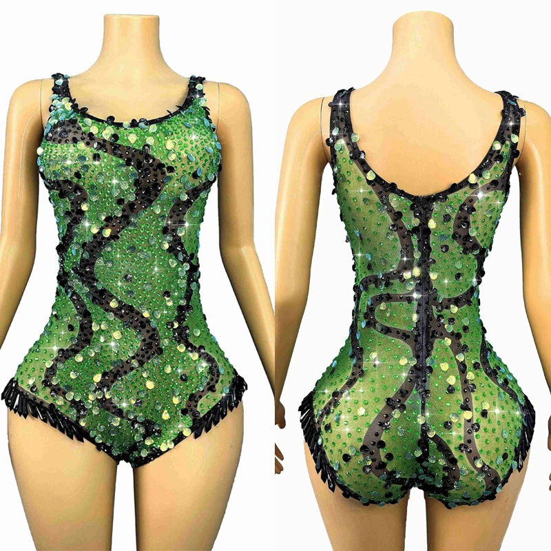 

Женский костюм джазовой танцовщицы, зеленый боди со стразами, бар, Хэллоуин, ночной клуб, рейв-наряд, одежда для сценического танца на пилоне, XS10328