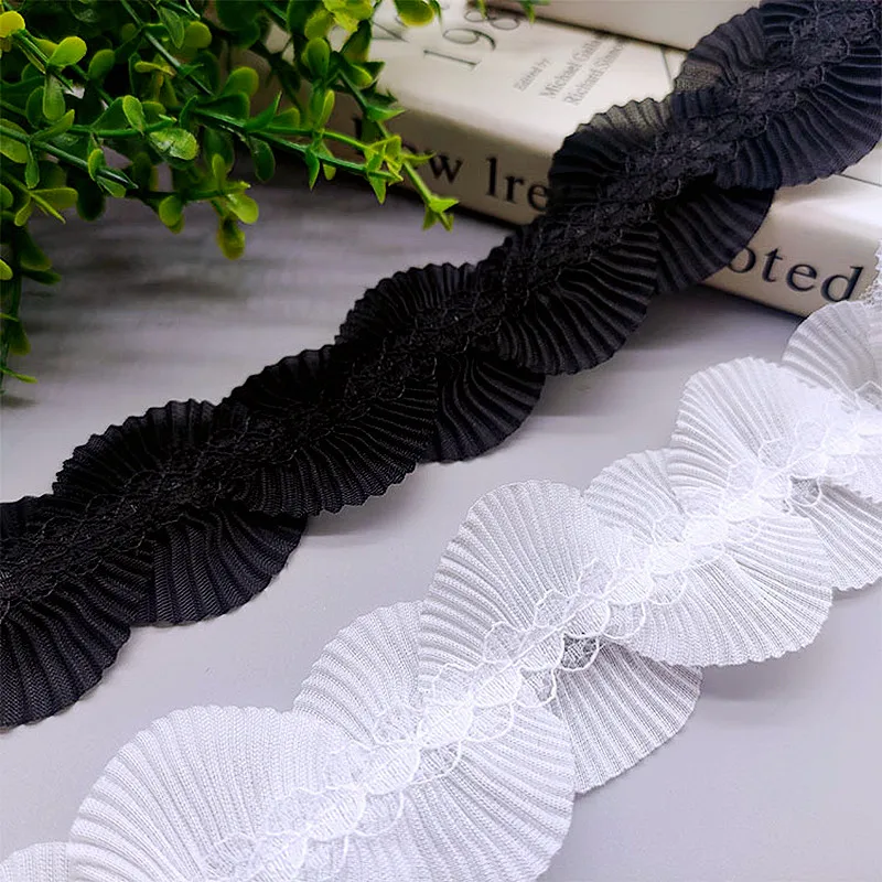 HOT Black and white chiffon pleated figure 8 appliqué lace ribbon DIY clothing skirt headgear curtains fashion trim decoration