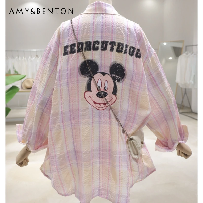 

Korean Style Textured Back Cartoon Print Summer Loose Mid-Length Cotton Thin Long Sleeved Plaid Shirt Women's Beautiful Blouse