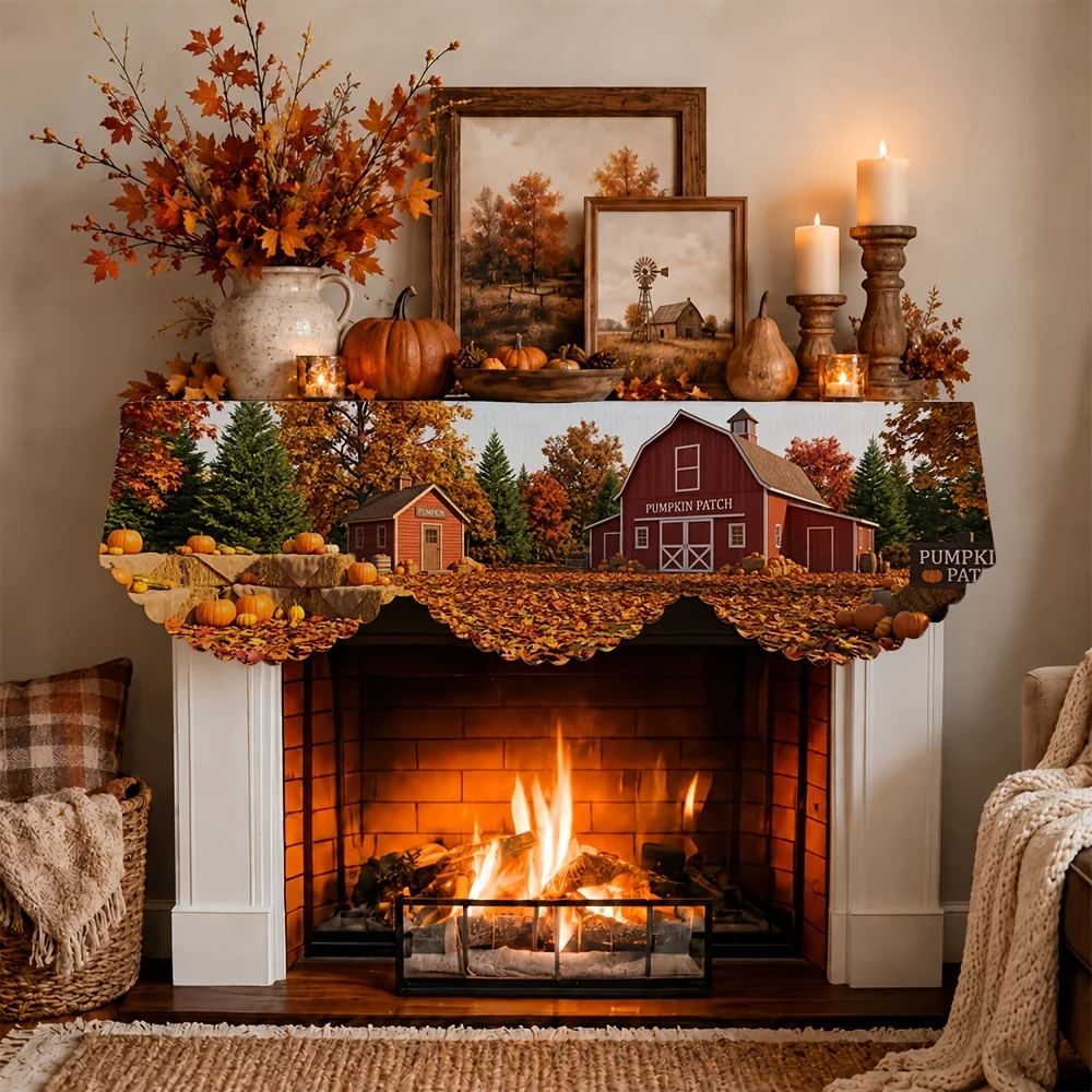 VIKAMA Fall Fireplace Mantel Scarf Farm Barn Pumpkin Mantel Topper Harvest Fireplace Shelf Cover Thanksgiving Home Indoor Decor