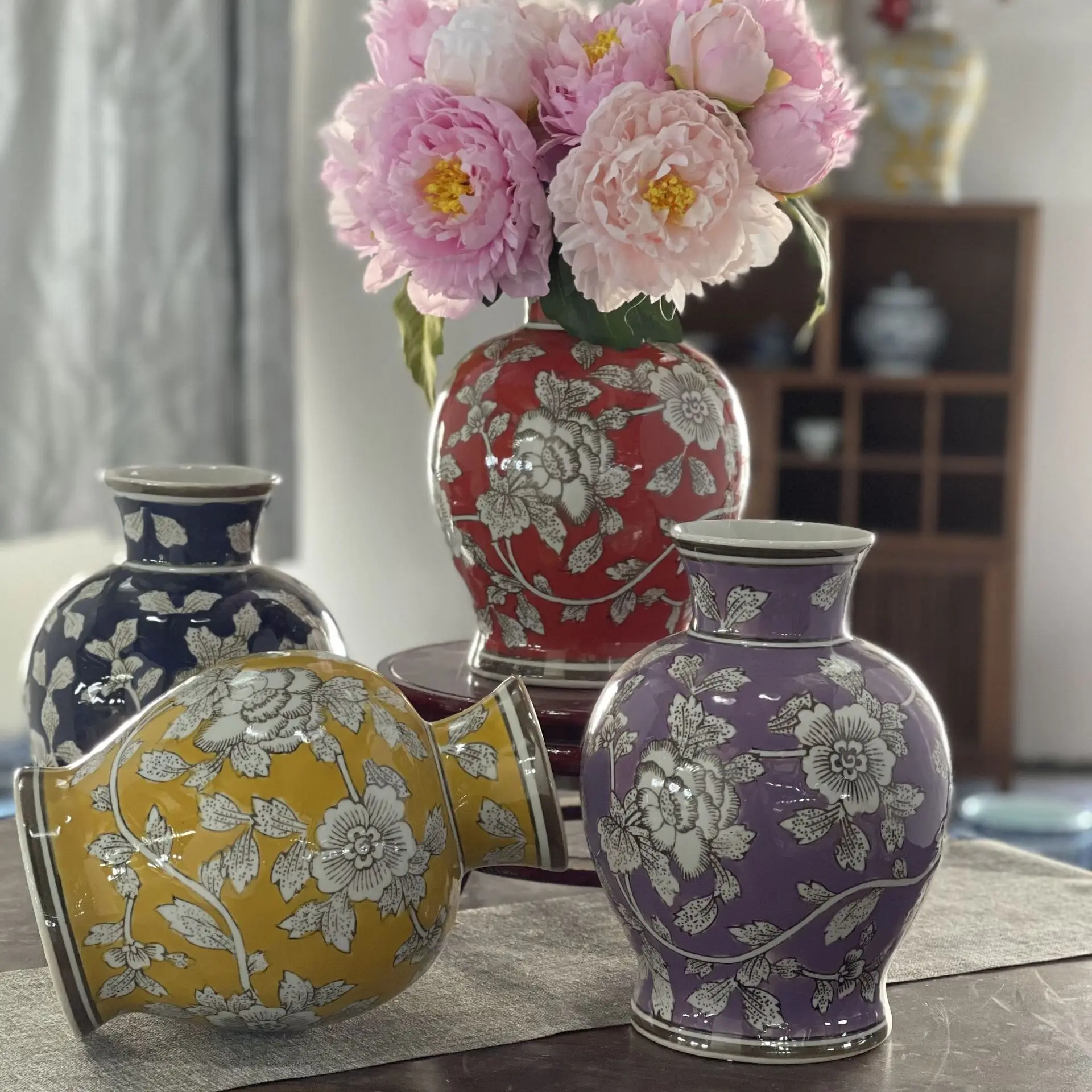 

New Chinese pastel ceramic vase blue and white porcelain living room entrance flower arrangement desktop home ornament peony